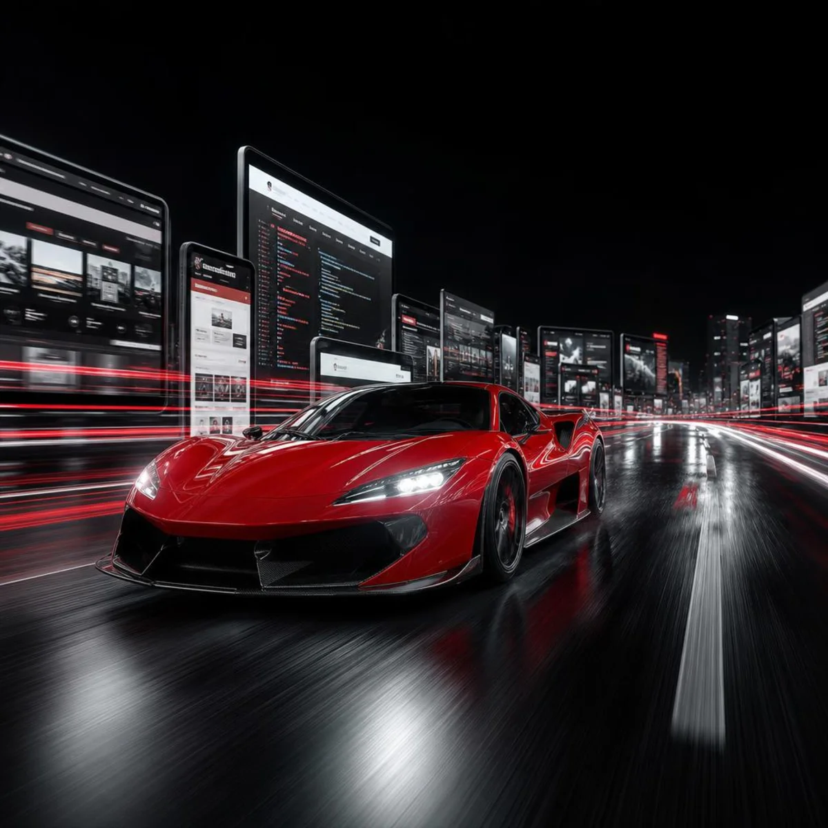A red sports car speeding along a night-time road lined with screens displaying websites, code and technical dashboards.